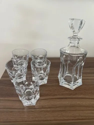 Garrafa whisky / licor e 5 copos cristal Bohemia