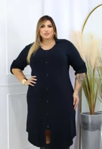 Vestido Chemise Plus Size Na Cor Cinza manga 7/8 tecido malha  moda evangélica 