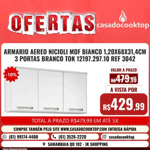 ARMARIO AEREO NICIOLI MDF BIANCO 1,20X68X31,4CM 3 PORTAS BRANCO TOK 12197.297.10