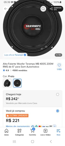 Médio grave taramps mb400s 200 rms 4 ohms usado por 1 dia tá zero! Comprei outro 8 ohms.