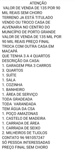 Vendo ou troco casa titulada de alvenaria no porto grande