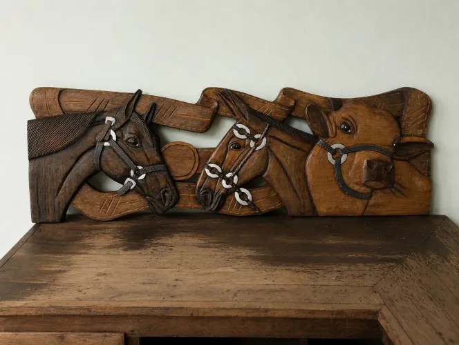 Quadro em madeira entalhado cavalo, mula, boi.