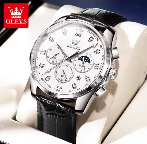 Relógio de Pulso Premium Lindíssimo OLEVS 2888 Branco Prata Puls. Couro Alg. Romanos TOP