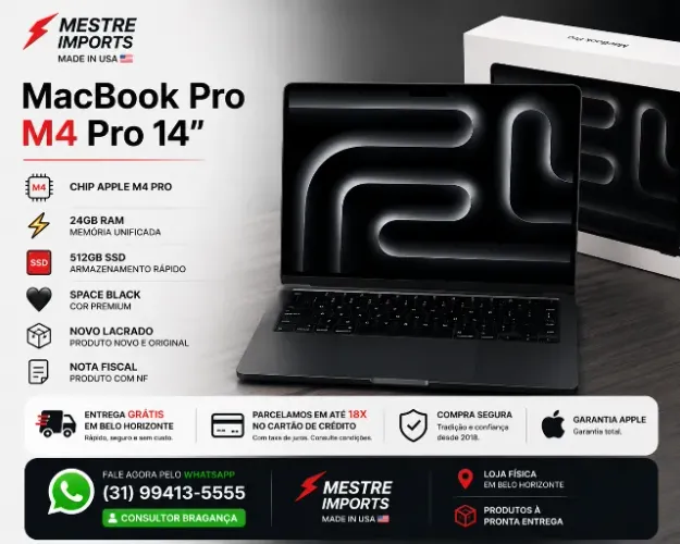 MacBook Pro M4 Pro 14 polegadas 24GB RAM 512GB SSD Space Black - Novo - Nota Fiscal