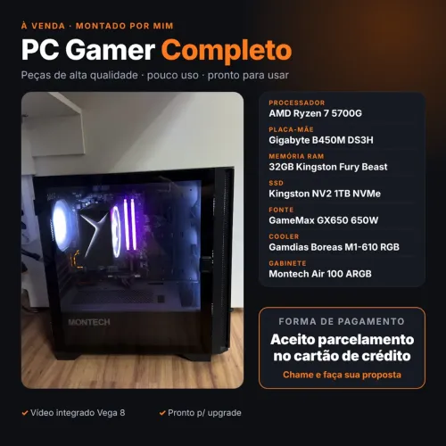 PC Gamer Ryzen 7 5700G, 32GB Kingston Fury, SSD 1TB