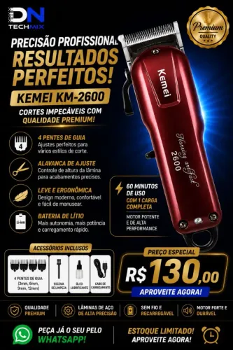 Máquina de cortar cabelo profissional Kemei com acessórios 