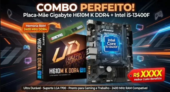 Kit upgrade Gigabyte H610M K DDR4+ Processador i5 13400f+8gb ddr4 2400