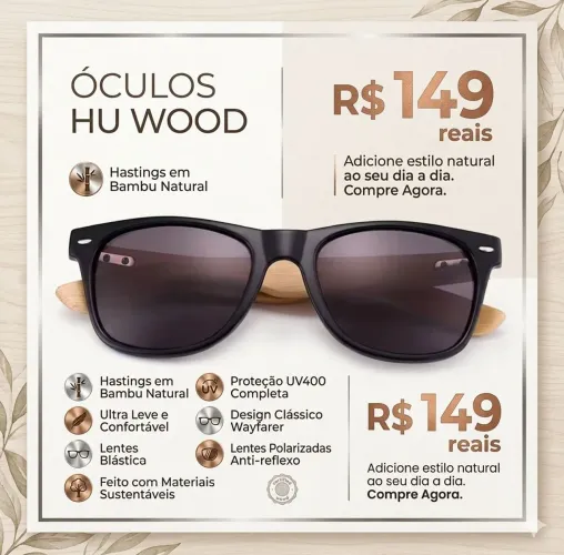 Óculos de Sol Aste em Bambu Hu Wood Polarizado E UV400 (Original e Lacrado)