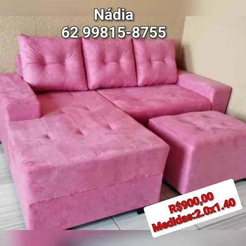 Sofá com chaise rosa 3 lugares 