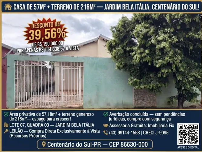 ? ? CASA DE 57M² + TERRENO DE 216M² ? JARDIM BELA ITÁLIA, CENTENÁRIO DO SUL!