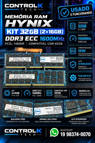 Kit 32GB (2x16GB) Memória RAM DDR3 ECC 1600MHz Hynix PC3L-10600R Compatível com Xeon