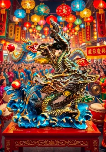 Estatueta de Dragão Chinês Long, com Pérola da Sabedoria em Resina Policromada 