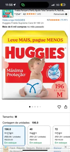 Fralda Huggies TAM M com 196und