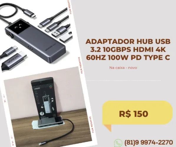 Adaptador Hub Usb 3.2 10gbps Hdmi 4k 60hz 100w Pd Type C