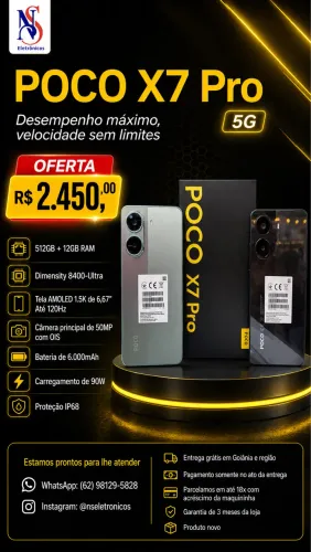 Celular Poco x7 Pro 5G 512/12 NOVO LACRADO ENTREGAMOS GRÁTIS CAPA E PELÍCULA