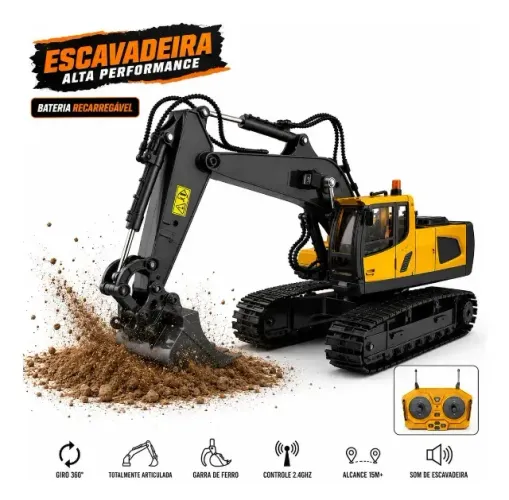 Escavadeira de Controle Remoto - Bateria Recarregável - Luz e Som - NOVA BRINQUEDO CRIANÇA