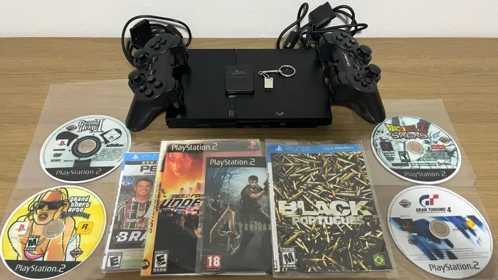 PS2 Slim Completo - Leitor 100% + 0.P.L c/ 60 Jogos + Mídias Físicas + 2 Controles + MC