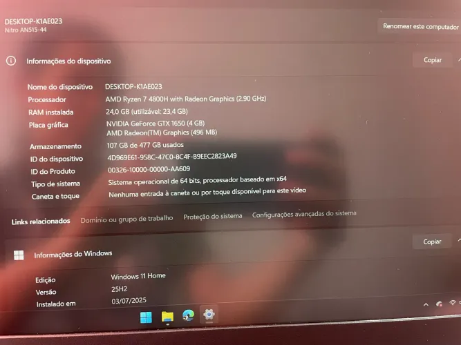 Notebook NITRO 5 ACER (ryzen 7, geforceGTX, 144Hz)