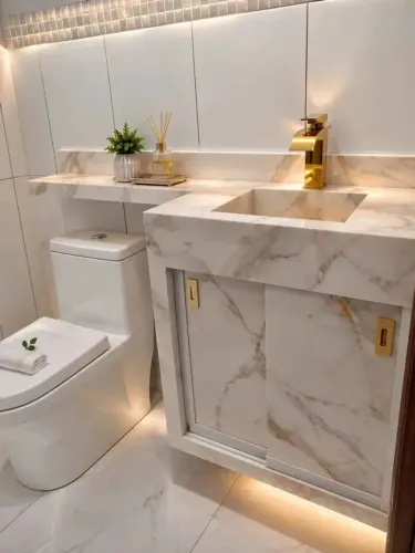 Kit Pia + Armário Esculpido em Porcelanato - Durabilidade e Luxo para seu Banheiro