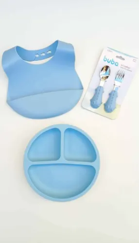 Kit de Introdução Alimentar 4 peças (Prato + Babador + Talheres)