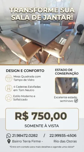 Mesa de jantar quadrada com 4 cadeiras