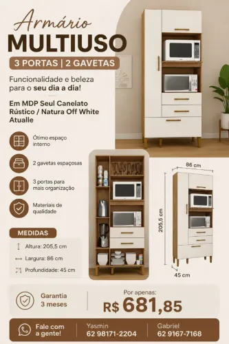 Armário Multiuso 3 Portas/2 Gavetas Em Mdp Seul Canelato Rústico / Natural Off White
