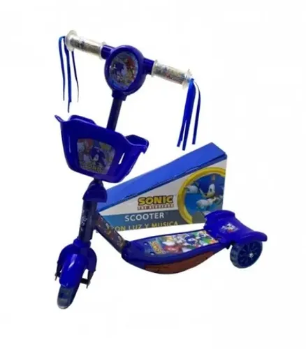Patinete infantil azul Sonic com cesta, 3 rodas, luz e música novo com estampa