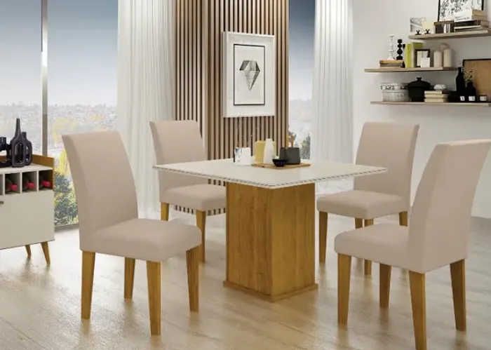 Mesa Jantar 4 Cadeiras Estrutura Madeira Tampo Quadrado. Produtos Novos Direto da Fábrica.