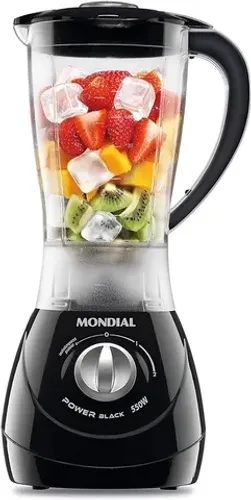 Liquidificador Mondial Power Black 550W, 2 veloc.+pulsar, c/copo SAN Cristal- 110V (NOVO)
