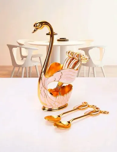 Cisne dourado com rosa acompanha 6 colheres de sobremesa aço inoxidável dourado 