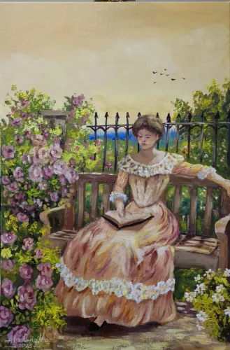 Quadro decorativo pintado à mão - Leitura no jardim
