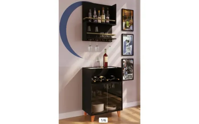 Conjunto Bar Porta de Vidro e Bar Suspenso Samba + 3 Quadros 44 X 34