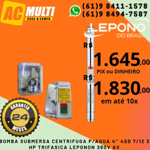 Bomba para poço artesiano Caneta Palito4'' 4SD 7/12 3 HP TRIFASICA LEPONON 380V AV
