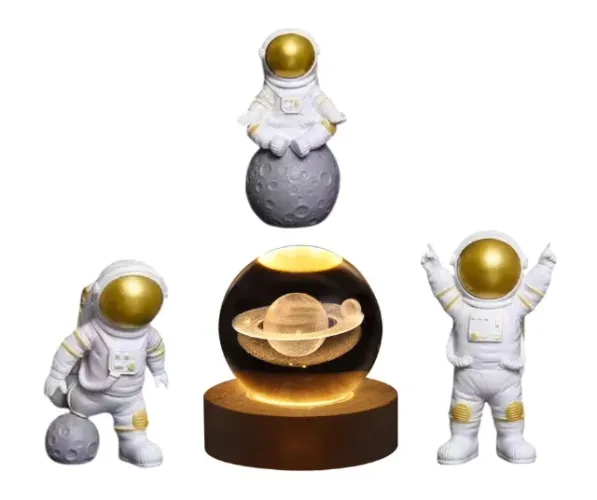 Luminária De Mesa Bola De Cristal + 3 Astronautas De Resina Branco