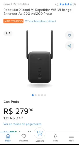 Vendo Repetidor Xiaomi Mi Wi-fi Range Extender AC1200 preto.