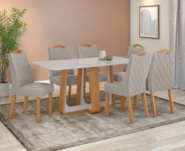 Conjunto de Jantar Mesa + 6 Cadeiras Bordadas.