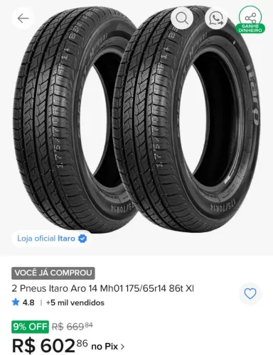 Vendo 2 pneus novos 14 175/65