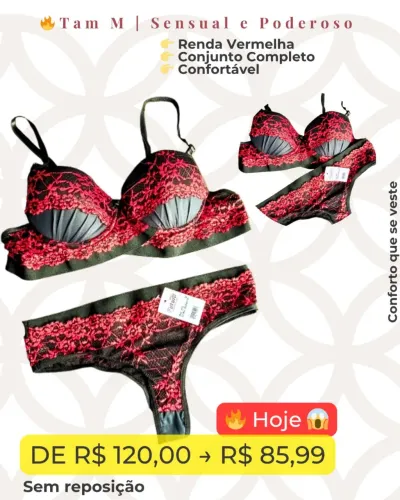 Conjunto Lingerie M -Preto com detalhes em Vermelho - Beleza, sofisticação e sensualidade 