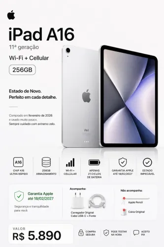 iPad A16 256GB Cellular Prata | 21 Ciclos | Garantia Apple