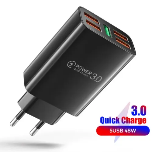 48w 5 carregador usb carga rápida 3.0 preto