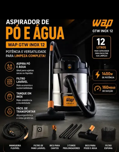 ASPIRADOR DE PÓ E ÁGUA INOX 12 BARRIL COMPACTO 220V E FILTRO LAVÁVEL
