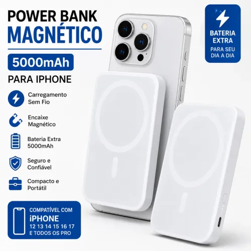 Power Bank Magnético 5000mAh para iPhone - Carregamento Sem Fio