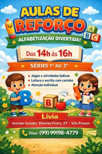 Reforço escolar. Mensalidade: 130,00 
