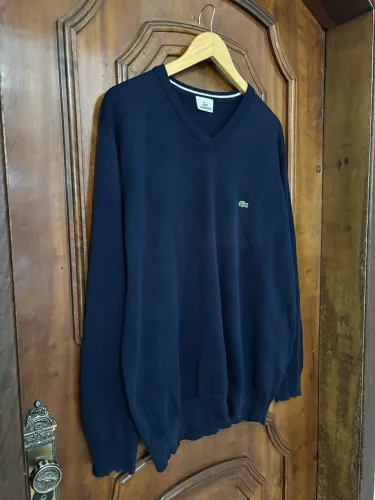 Suéter Lacoste Masculino Regular Fit Gola V Logo Azul Marinho