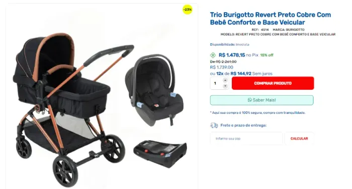 Carrinho de bebê, que vira ninho, e com base e bebê conforto