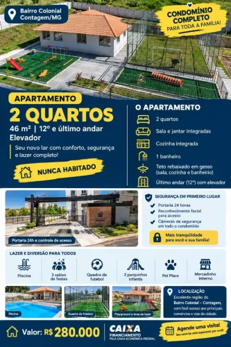 Apartamento 2 Quartos | 46m² | Colonial - Contagem | R$ 280 mil