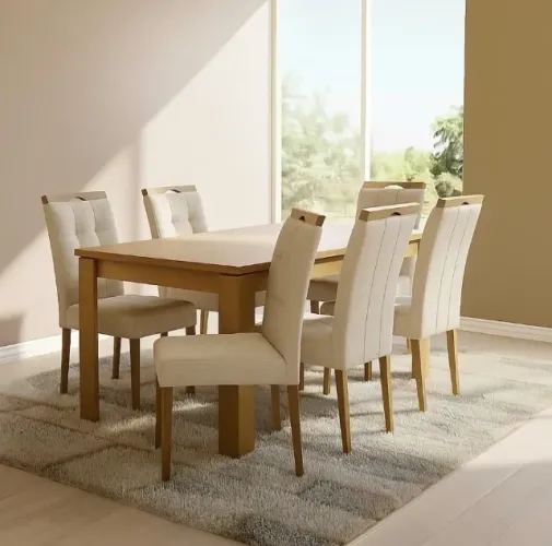Conjunto Dubai 180 Amêndoa Clean 6 Cadeiras Linho Bege