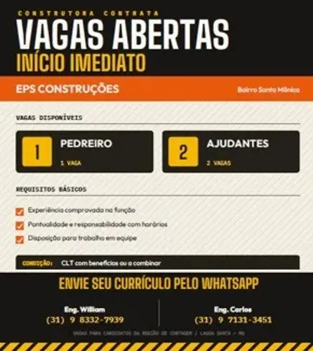 EPS CONSTRUÇÕES CONTRATA: 1 PEDREIRO e 2 AJUDANTES COM EXPERIÊNCIA