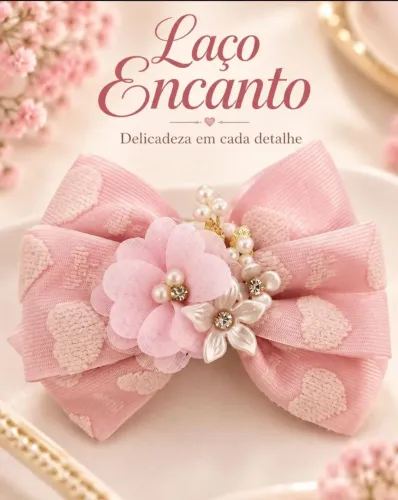 Laço Infantil Rosa com Pérolas e Flores - Artesanal