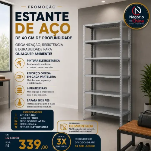ESTANTE EM AÇO COM 6 PRATELEIRA DE 40CM DE PROFUNIDADE
